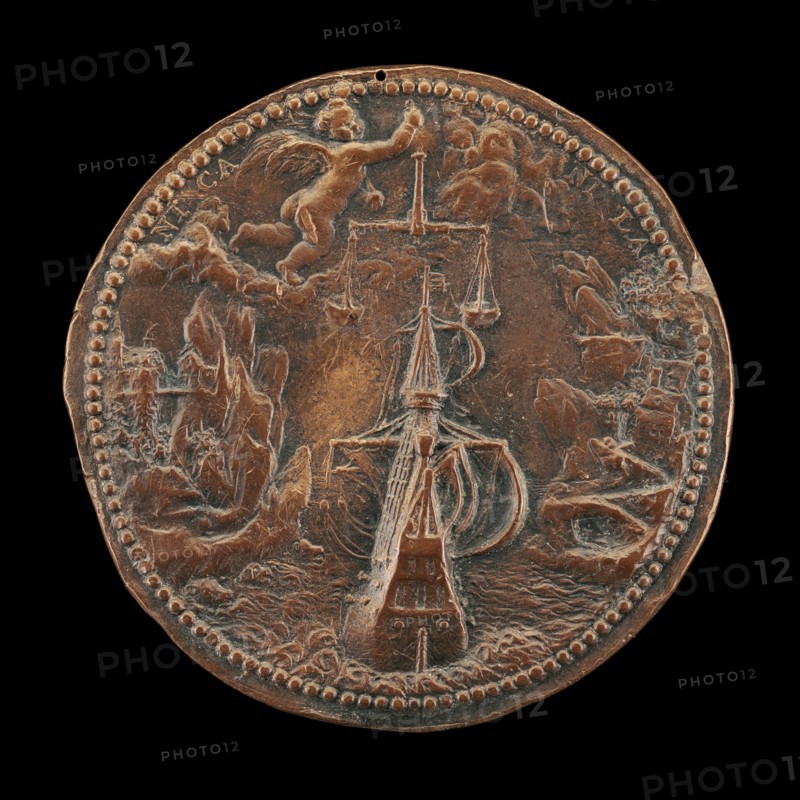 Ship, and Putto Holding Scales [reverse], 1574.
