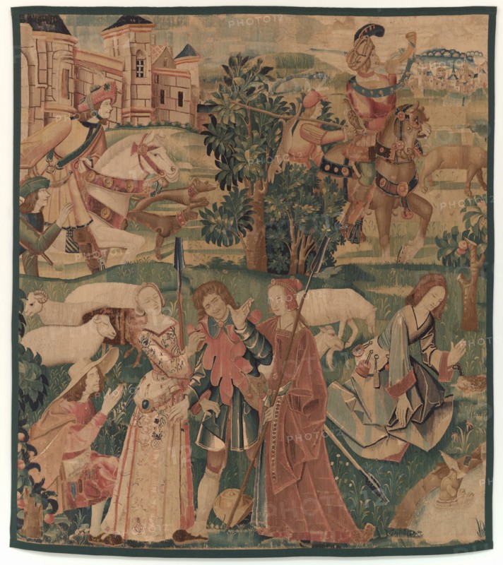 Hunting and Pastoral Scenes, with a laughing man between ladies, c. 1510.