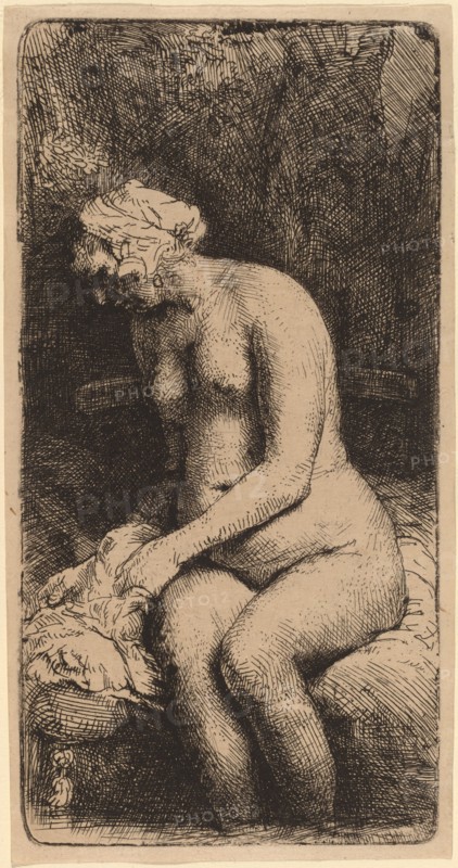 Nude Seated on a Bench with a Pillow (Woman Bathing Her Feet at a Brook), 1658.