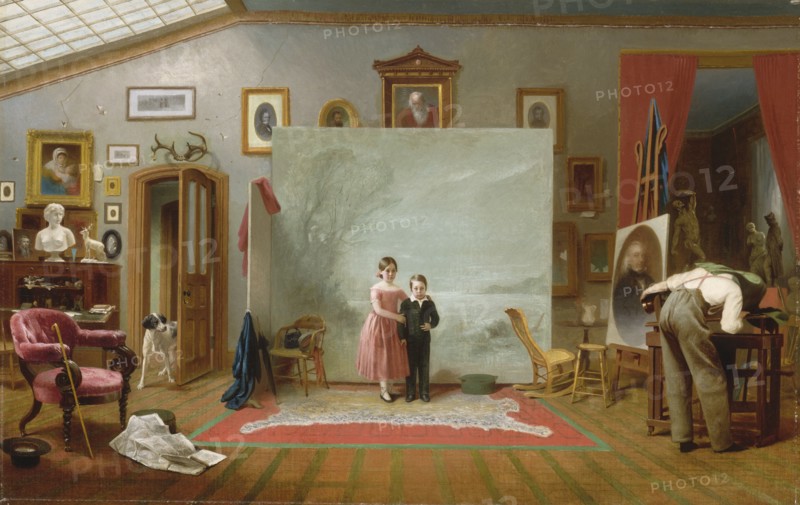 Interior with Portraits, ca. 1865. The little boy had just died when the picture was requested, but he was not then the small child shown here. Rather, he was a 26-year-old volunteer firefighter who had just perished in a hotel fire. His older sister had already died when she was an adolescent, more than fifteen years before the picture was made.