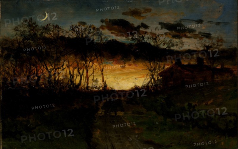 Untitled (sunset with quarter moon and farmhouse), 1883.