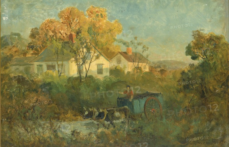 The Drinking Pool (man in cart with oxen at pool), 1895.