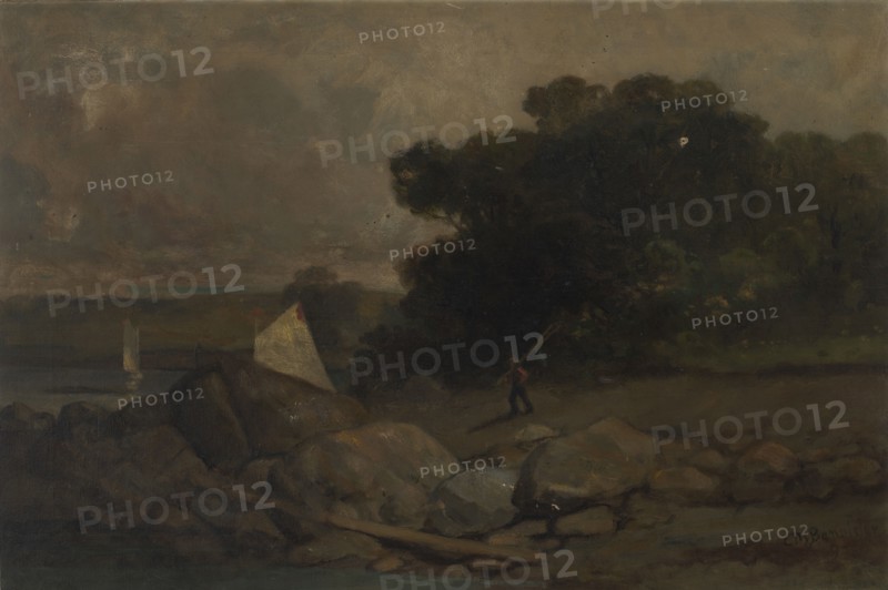 Untitled (landscape with rocks, man and sailboats), 1895.
