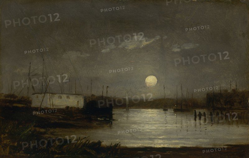 Untitled (moon over a harbor, wharf scene with full moon and masts of boats), ca. 1868.
