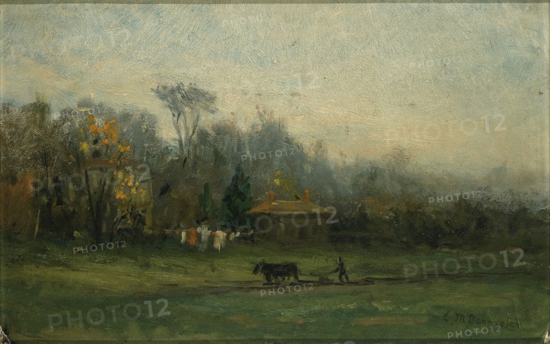Untitled (landscape with man plowing fields), n.d.