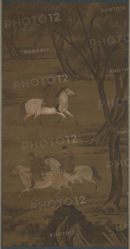 Three Horsemen Riding under Willows, 15th century. Formerly attributed to Zhao Mengfu.