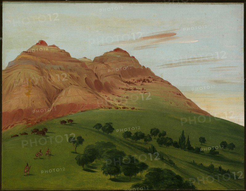View in the Grand Detour, 1900 Miles above St. Louis, 1832. A party of Indians hunting buffalo.