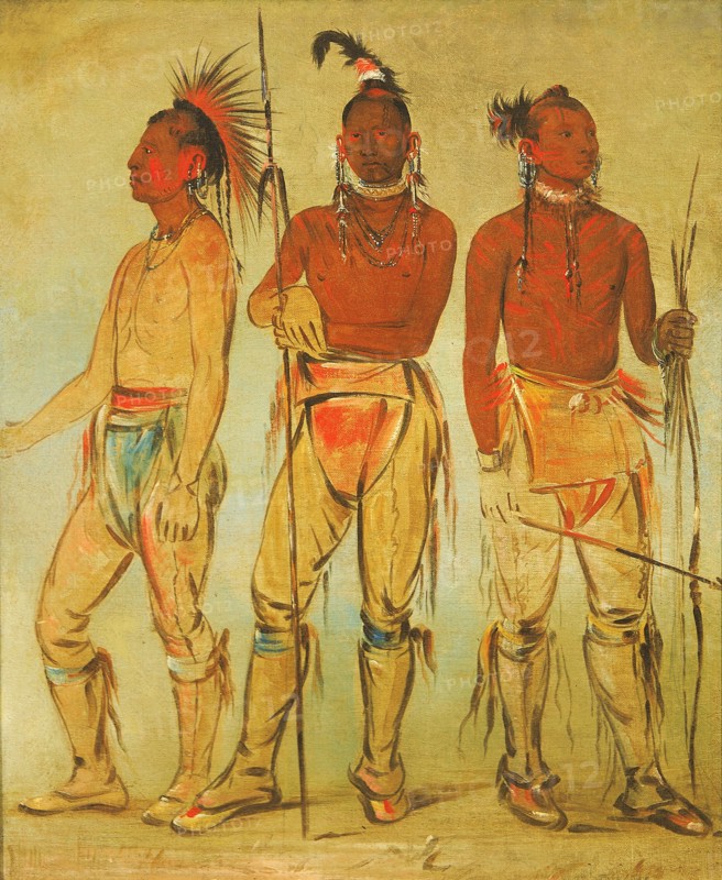 Mun-ne-pús-kee, He Who Is Not Afraid; Ko-ha-túnk-a, Big Crow; and Nah-cóm-ee-shee, Man of the Bed, Three Young Warriors, 1834.