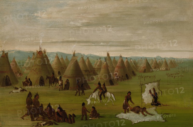 Comanche Village, Women Dressing Robes and Drying Meat, 1834-1835.