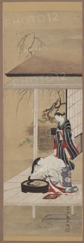 Woman washing her hair with an attendant, mid-18th century.