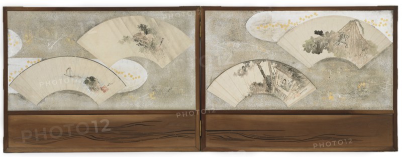 Four fan paintings mounted on a screen; "Frog on Lotus Leaf", "Scholar in a House", "Landscape", and "Boat and Rock", frog, ca.1814-15; scholar, ca. 1801-03; landscape, ca. 1825-30; boat, ca.1841. Possibly by Katsushika Hokusai.