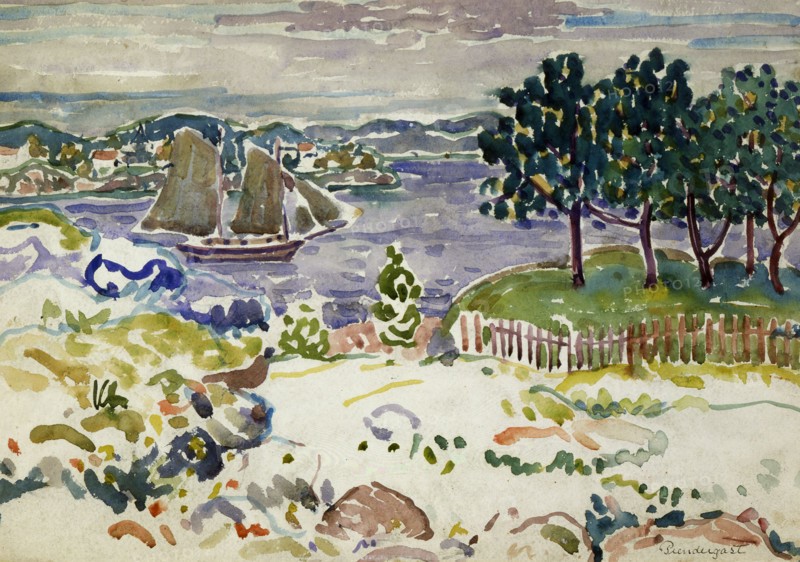 Inlet with Sailboat, Maine, ca. 1913-1915.