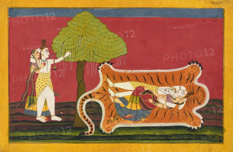 Shiva and Parvati on a tiger skin: Anakul Nayaka folio from a Rasamanjari, ca. 1710 - ca. 1715. Attributed to Golu.