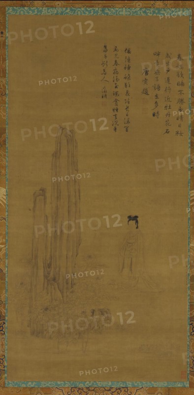 A female figure, garden rocks, and peonies, 18th century?. Formerly attributed to Qiu Ying.