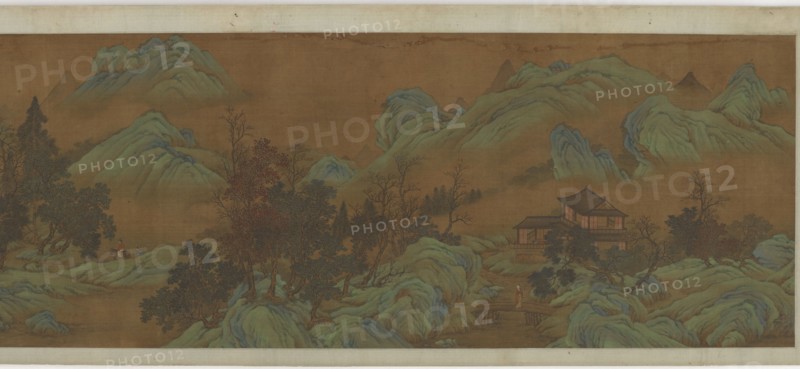 Landscape with buildings and travelers, 17th century. Formerly attributed to Zhao Bosu.