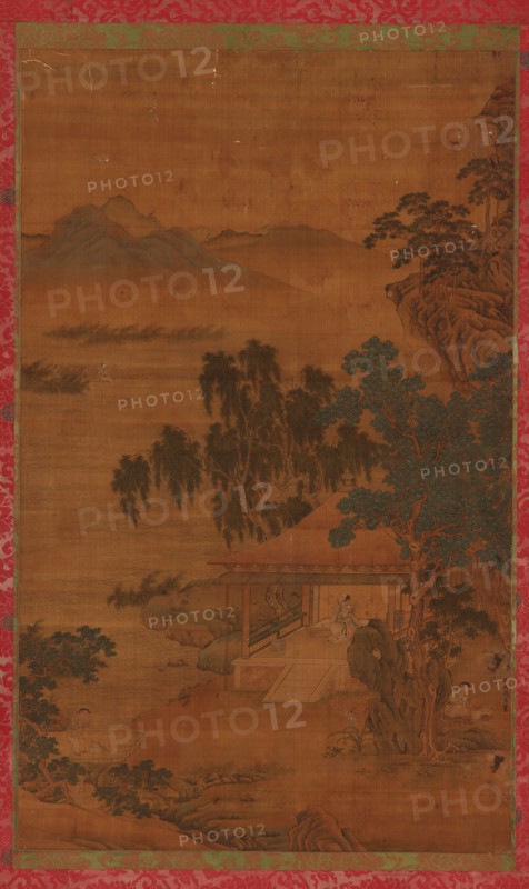 River landscape: a man in a pavilion under large trees, 16th-17th century. Formerly attributed to Zhao Yong.