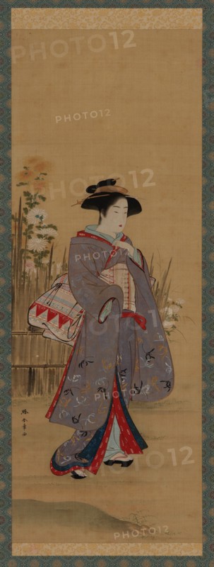 Woman near a fenced-off flowering garden, late 18th century.