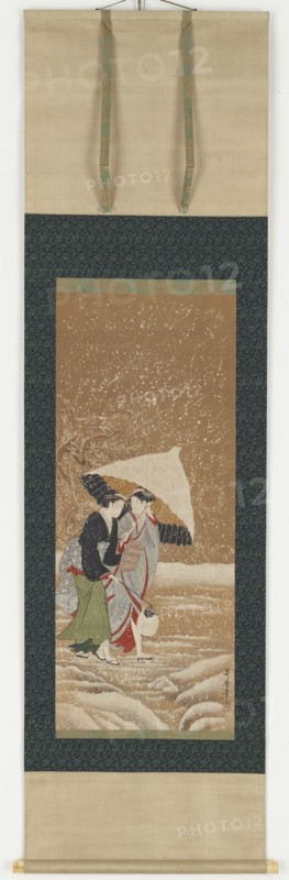 Two girls under umbrella in snowstorm, 1753-1806.
