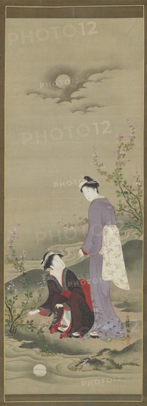 Autumn: Two women gazing at the reflection of the moon, early 19th century.