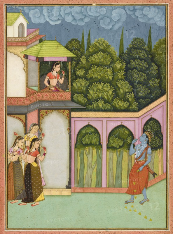 Krishna approaches Radha, folio from a Rasikpriya, dated 1690.
