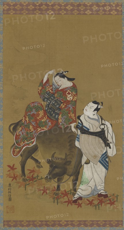 Two kabuki actors in the roles of a courtesan on a water buffalo and a traveling priest, 1686-1764.
