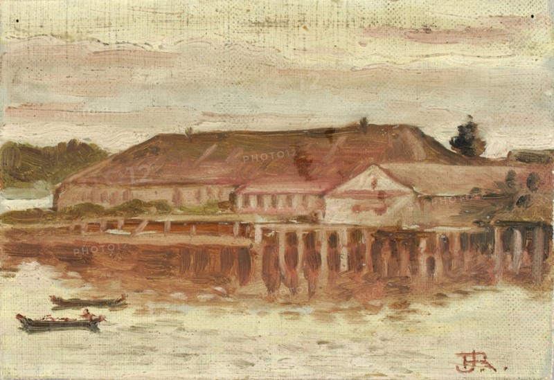 Trading Post and Wharf Buildings, Sitka, Evening, ca. 1880-1914.