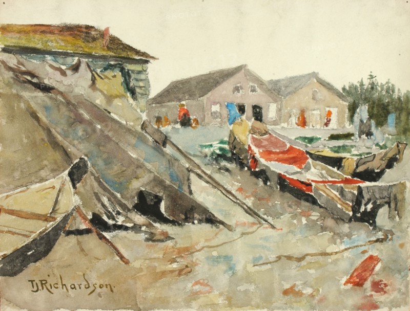 Drying Blankets over Canoes, ca. 1890-1914.