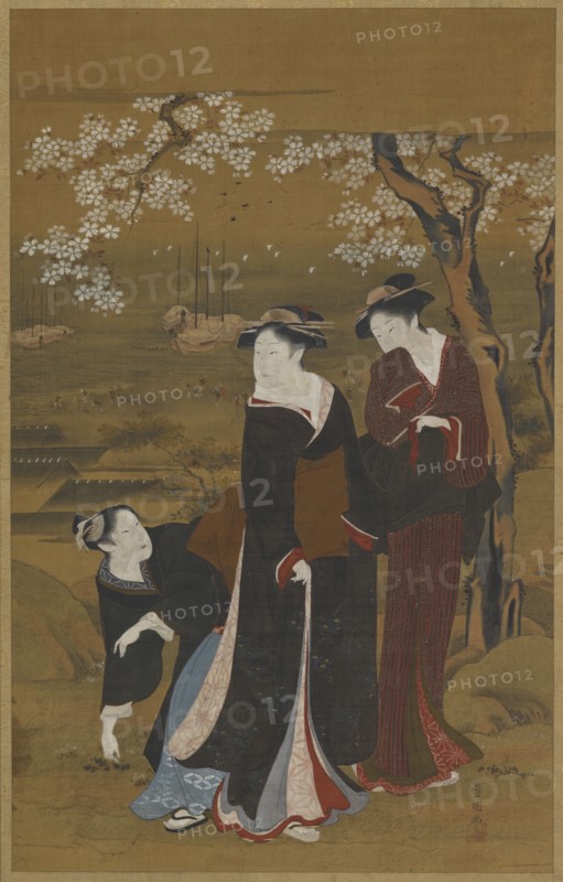 Three women under a flowering cherry tree at the seashore, 1769-1825.