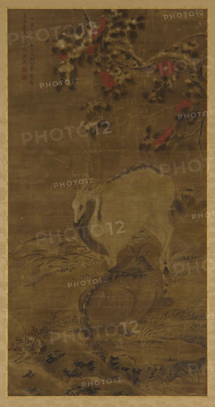 A stag, a doe, and red camellias in snow, 1367.