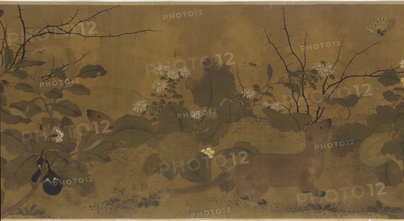 Garden scene: melons, egg-plants, flowers, and two weasels, 1368-1644.