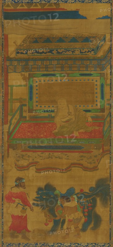 Lohan under a canopy; a lion, and two attendants, 18th century.