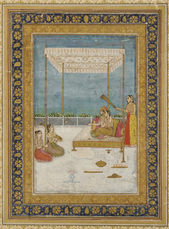 Lovers on a terrace, with an attendant and musicians, 18th century.