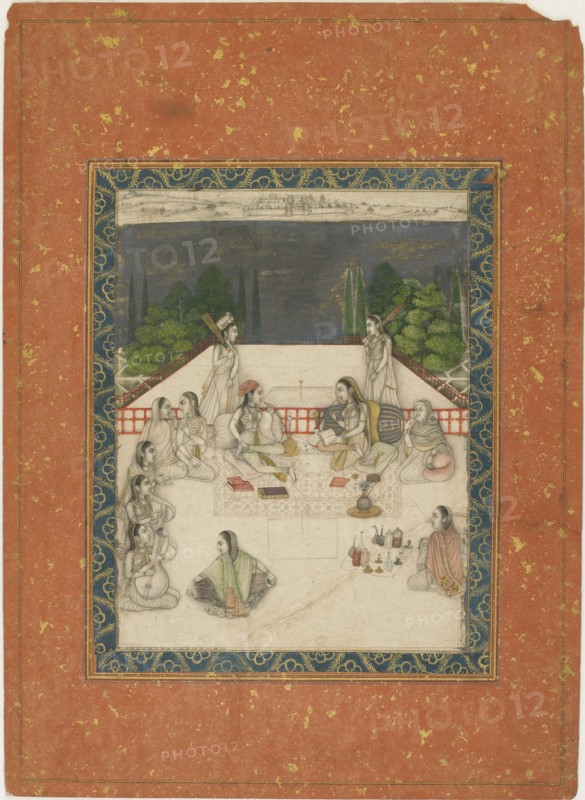 Two women seated on a terrace, surrounded by attendants and musicians, ca. 1650.