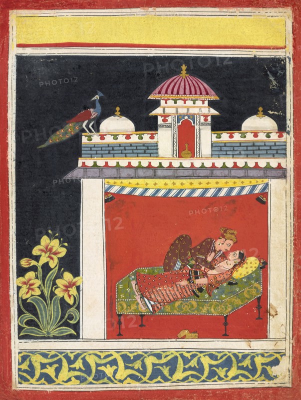 Two lovers in a pavilion, from an Amarushataka (Hundred poems of Amaru), or an unidentified erotic series, ca. 1680.