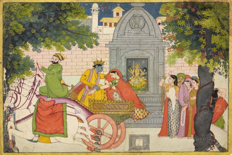 Rukmini elopes with Krishna, folio from a Bhagavata Purana, ca. 1780.
