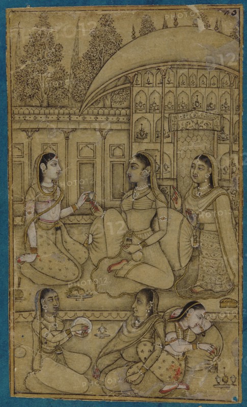 A lady and attendants seated in a courtyard, early 18th century.