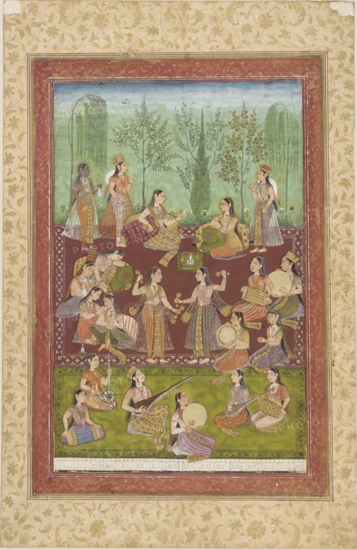A group of women in a garden, entertaining themselves with music and dancing, mid 18th century.