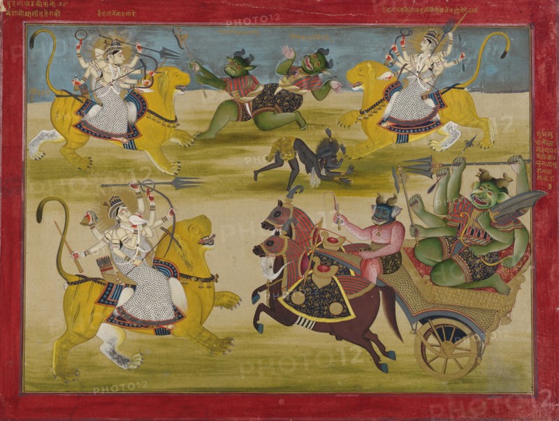 Durga fighting the rakshashas Shunga and Nishunga, from a Devi Mahatmya, mid 19th century.