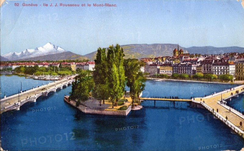 Geneva - Île Rousseau and Mont-Blanc, 1935. Creator: Unknown.