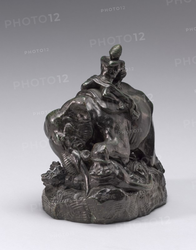 Indian Mounted on an Elephant Crushing a Tiger, model n.d., cast c. 1845/1873.