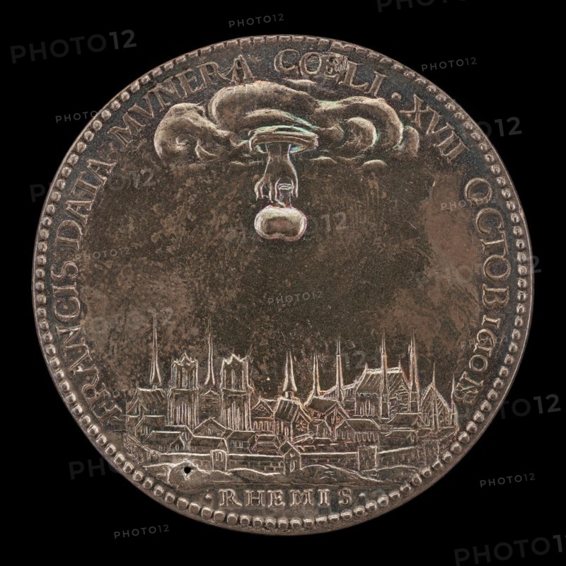 Hand Holding Sacred Ampulla over Rheims [reverse], 1610.