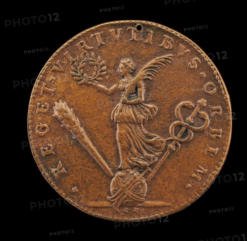 Victory Holding a Palm and Laurel, on a Globe with a Rudder, Club, and Cadeuceus [reverse], 1594.
