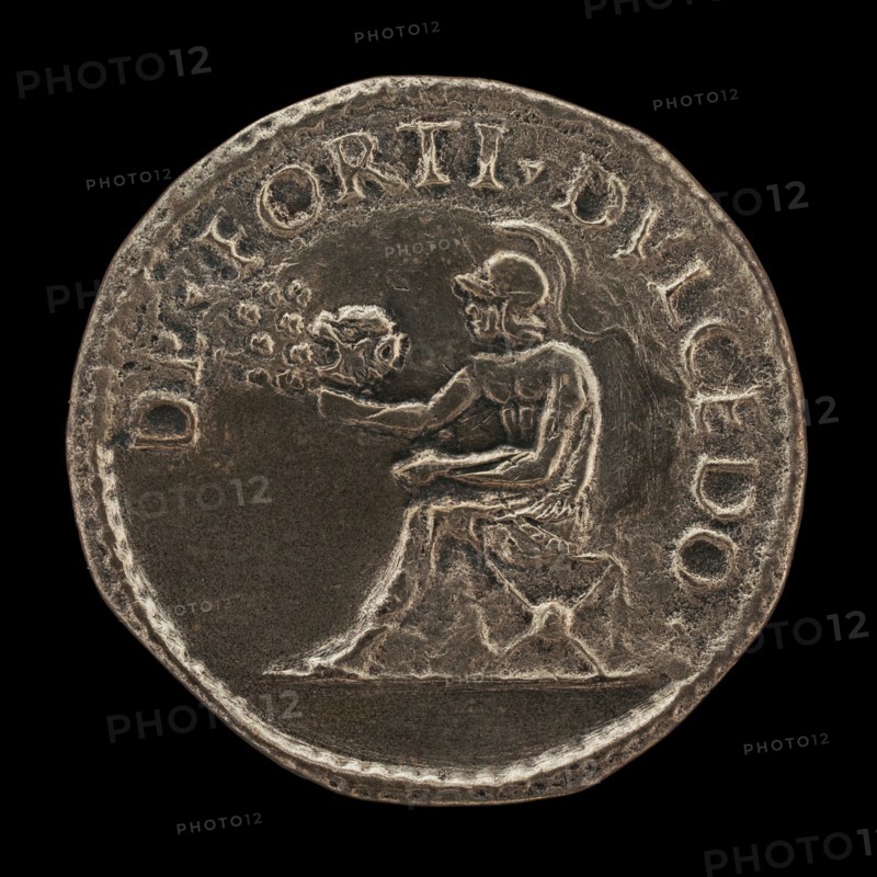 Helmeted Nude Figure Seated, Holding a Lion's Head from which Issue Bees [reverse], 16th century.