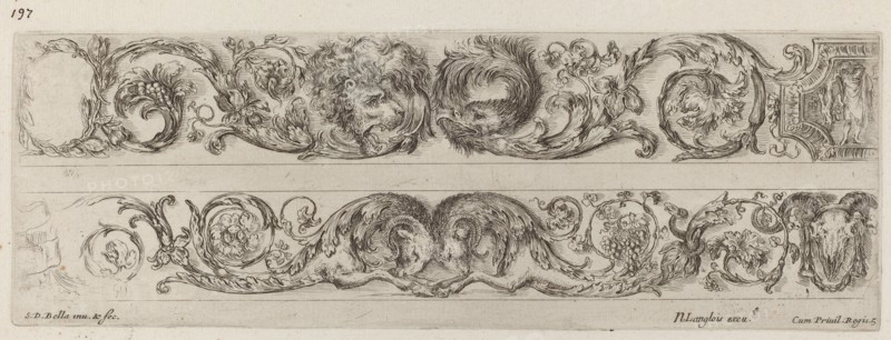 Two Ornamental Bands with Facing Heads of Lion and Eagle, and Two Rams, probably 1648.