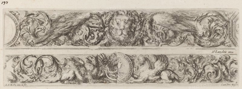 Two Ornamental Bands with Head of a Lion and Woman, probably 1648.