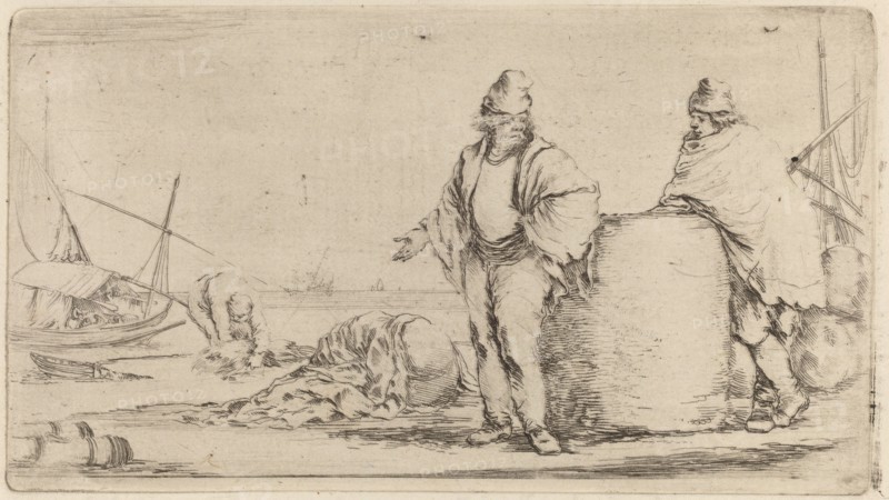 Two Sailors Standing near a Large Bale of Merchandise.