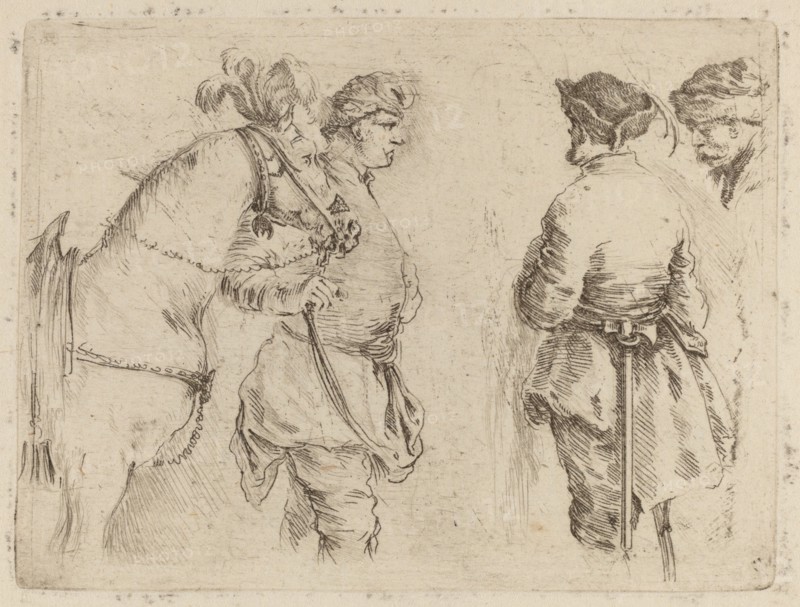 Pole Holding the Bridle of a Horse while Speaking with Two Other Men.