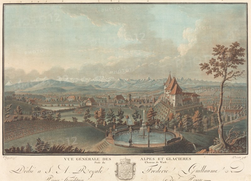 Vue generale des Alpes et Glaciers. [View of the Alps and glaciers from Worb Castle, Switzerland].