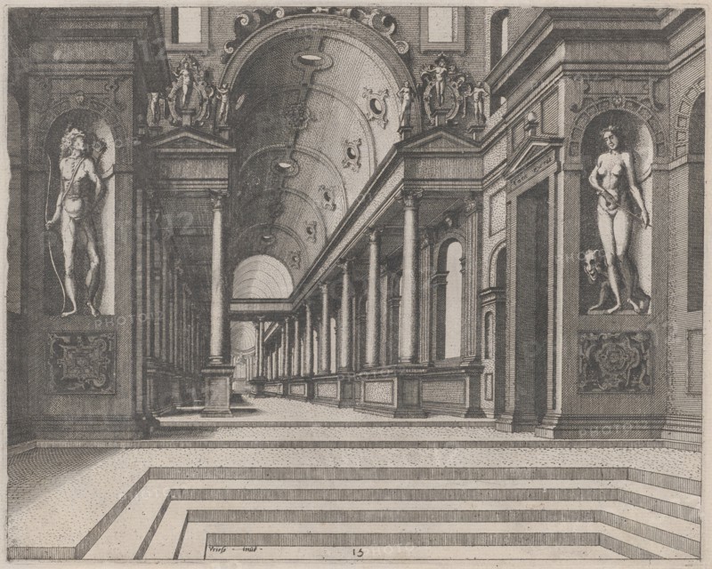 View in a Church with Corinthian Columns and Statues of Apollo, Melpomene, and Moses, 1560.
