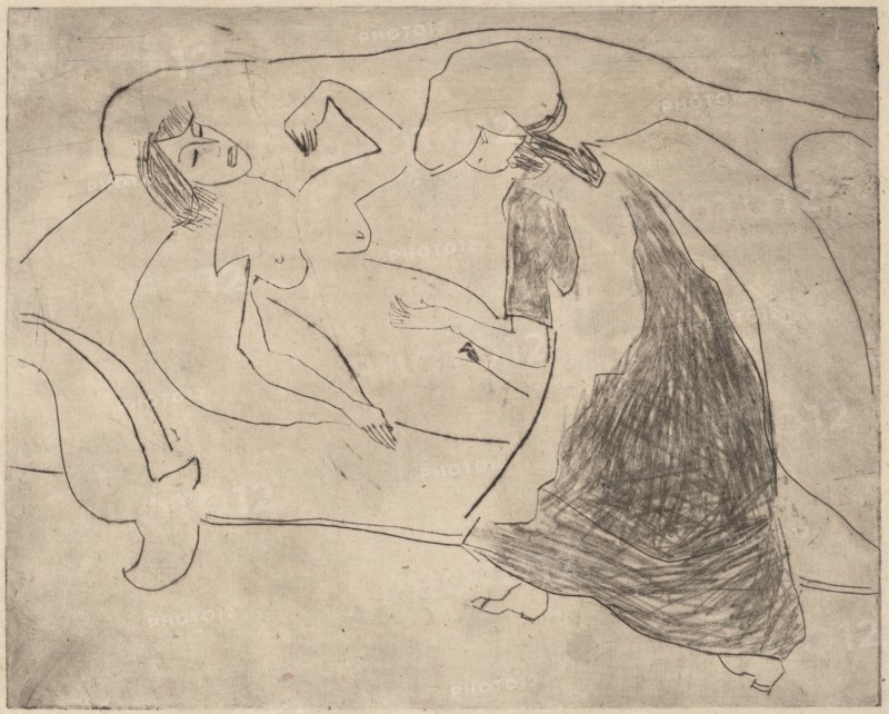 Girl, with Another Rubbing Her Belly, 1910.